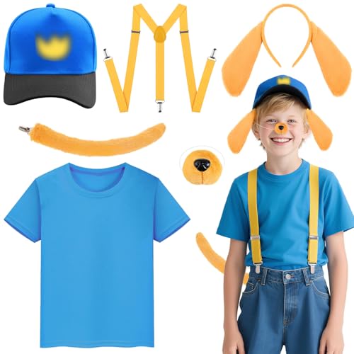 Jokureao 6Pcs Dog Costume Set Dog Hero Costumes with Ears Headband Blue T-shirt Baseball Hat & Yellow Suspender Animal Hero Costume for World Book Day Fancy Dress Outfit