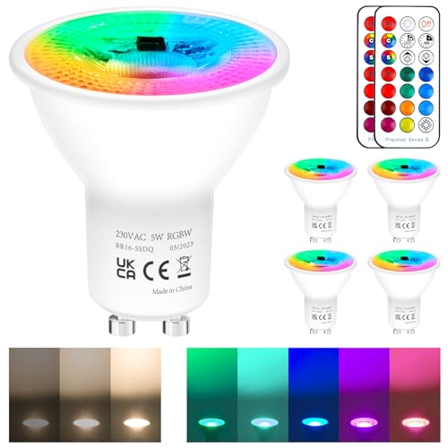 REYLAX Bombillas LED Colores GU10 de 5W, RGB Blanco Cálido Regulable Bombilla con Mando a Distancia, Focos LED RGBW 12 Colore, AC 85-265V, Función de Memoria y Sincronización (paquete de 4)