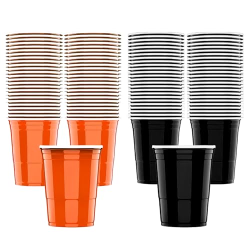 HIXNUG 100 bicchieri di plastica riutilizzabili per Halloween, 56,7 g, colore nero e arancione, per cene, compleanni, decorazioni da tavola di Halloween