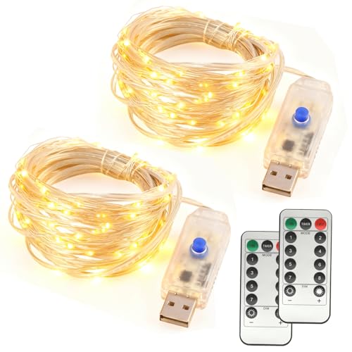 2 Paquetes de Guirnaldas LED, 120 LED de 12M/40Ft, 8 Modos de Iluminación, Luces de Hadas con Enchufe USB, Impermeables para Interior y Exterior, Decoración Navideña, Bodas y Fiestas (Blanco Cálido)