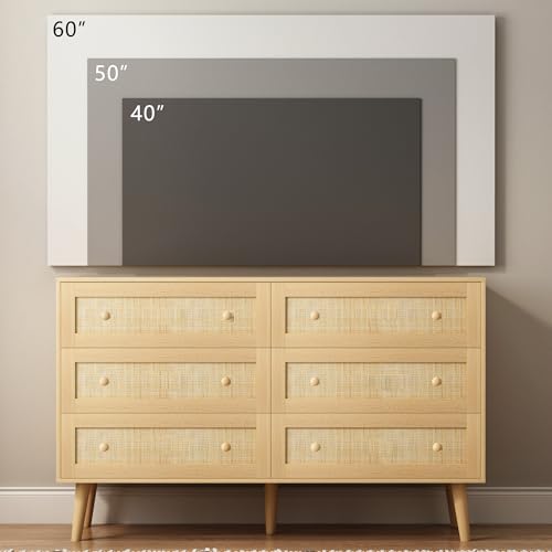Image of HUANLEGO Rattan Dresser for Bedroom, Modern 6 Drawer Dressers & Chest of Drawers, Natural Boho Dresser with Handles Wood Storage Organizer Modern Dressers for Closet, Hallway, Office