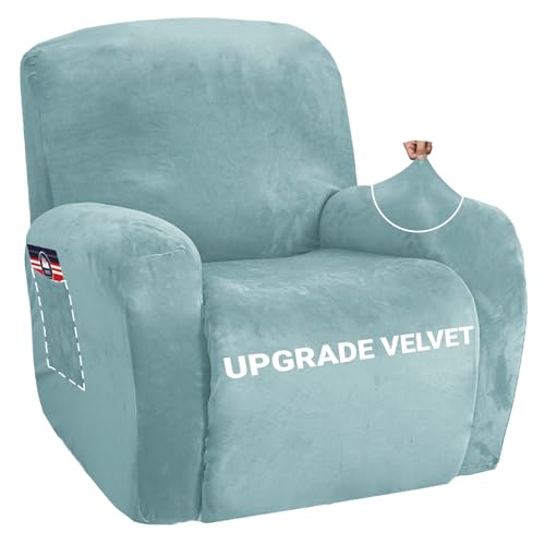 Image of ZNSAYOTX Stretch Velvet Recliner Cover 4-Pieces, Thick Soft Recliner Chair Slipcover with Pocket, Non-Slip Elastic Bottom for Kids Pets, Luxury Plush Reclining Protector Comfy Washable (Stone Blue)
