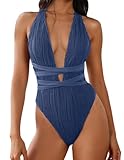 ZAFUL Women's One Piece Swimsuit Open Back Strappy Criss Cross Tied Plunging Neck Bathing Suit Blue S