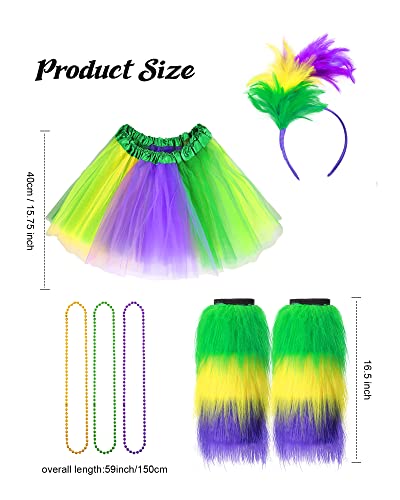 8 Pcs Mardi Gras Costume Accessories Set, Includes Feather Fascinator Headband Yellow Purple Green Tutu Skirt Bead Necklaces Furry Leg Covers And Feather Boa For Women Girls Festival Events Party #TOP1