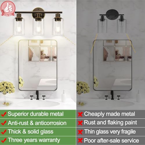 Image of Zarbitta 3-Light Bathroom Light Fixtures, Brown and Gold Bathroom Wall Lights, Modern Vanity Light with Clear Glass Shade, Bathroom Wall Lamp for Mirror Hallway Cabinet