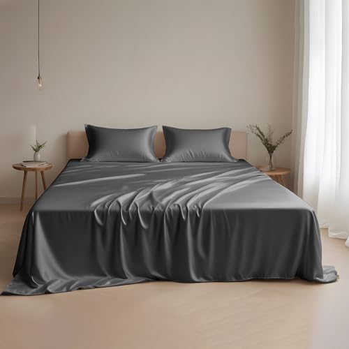 Linenwalas King Size Sheets Set Silk Soft - Austrian Eucalyptus Tencel Lyocell Bed Sheets-Organic, Cooling,Breathable, Deep Pockets Up to 16" (King, Dark Grey) - Thumbnail 3