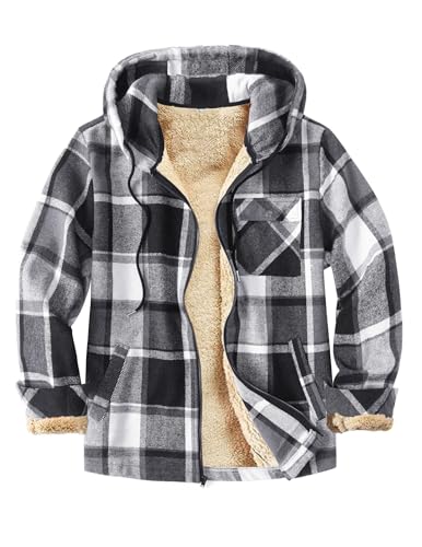 COOFANDY Men's Flannel Hooded Shirt Jacket Plaid Hoodie Zipper Sherpa Lined Winter Thermal Flannel Shirt Black White
