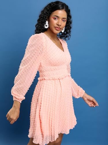Image of Tokyo Talkies Pink Self Design V-Neck Puff Sleeve Fit Flare Above Knee Dress