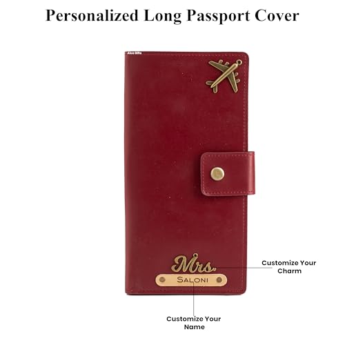 Image of Aica Personalized Name & Charm Long Leather Wallet Passport Cover (Wine) with Passport Boarding Pass Card Slot & Coin Holder for Men & Women | Birthday Anniversary Travels Gifts for Women Sis Wife Mom