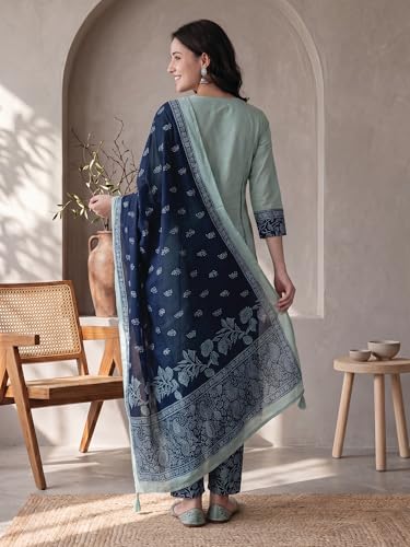 Image of INDO ERA Women's Straight Pure Cotton Floral Self Design Kurta & Pant With Dupatta Set | Kurta Sets For Woman
