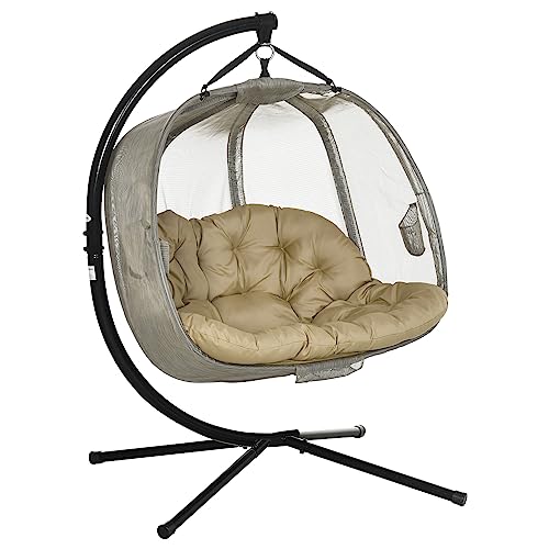 Outsunny Double Hanging Egg Chair 2 Seaters Texteline Swing Hammock Chair with Stand, Cushion and Folding Design, for Indoor and Outdoor, Brown