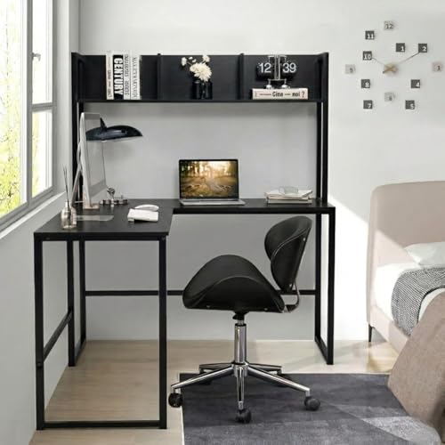Image of Office Study Table Reversible L Shaped Corner Workstation Table for Home with Hutch Computer Desk with Storage Shelves & Bookshelf Black 140x50x150 CM
