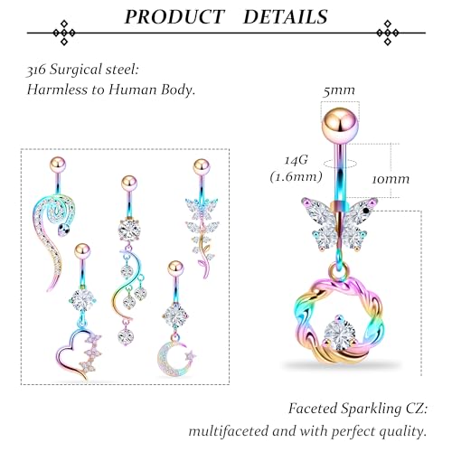 Vsnnsns 14G Dangle Belly Button Ring Piercing Jewelry 316L Stainless Surgical Steel Snake Heart Butterfly Flower Diamond CZ Navel Rings Dangling Belly Button Ring Piercing Jewelry for Women 14 Gauge3