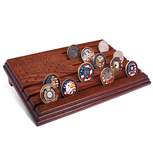 TESLYAR 6 Rows Military Challenge Coins Display Stand - Wooden Holder for 30-36 Coins - Solid Wood Display Rack for Desk, Army Collectible Challenge Coin Display Case - American Flag Design (Mahogany)