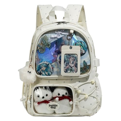 Kawaii Pins Display Backpack Cute Aesthetic Ita Bag with Insert and 2 Keychains for Cosplay 15 Inch Travel Daypack (White)