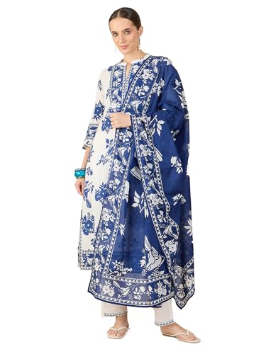 Image of INDO ERA Women's Pure Cotton Animal Printed Straight Kurta & Pant with Dupatta Set (IESTR11803)