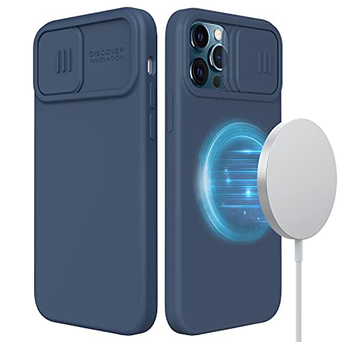 Nillkin Magnetic Silicone Case for iPhone 12 Pro Max with Mag-Safe Charging [Support Magsafe Charger] Liquid Silicone Case with Slide Camera Cover - Blue