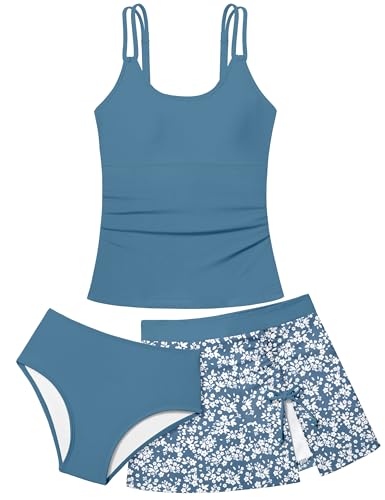 Image of Girls Swimsuit Tropical 3 Piece Tankini Adjustable Strap Bathing Suit Solid Modest Swimwear with Drastring Skirt 9-16y