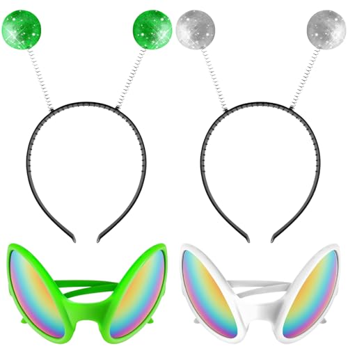 Gullora 2 Set Alien Costume Accessories for Women Silver & Green Antenna Headband Holographic Alien Glasses for Halloween Rave Music Festival Cosplay