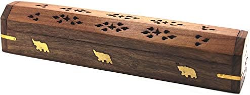 Dinil Wooden Coffin Incense Burner Handmade – 12″ – Rustic Brown Finish –Elegant Design with Storage Compartment – (Elephant)