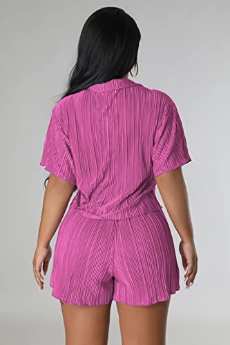 Fastkoala Women's 2 Piece Outfits Summer Pleated Tracksuits Lounge Button Down Shirts Top High Waist Shorts Set Rose Red Rose Red L #TOP4