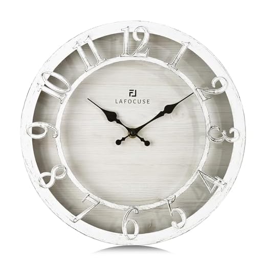 Lafocuse 12 Inch Silent White Wall Clocks Battery Operated, Farmhouse Wall Clock for Kitchen Living Room, Rustic Home Décor