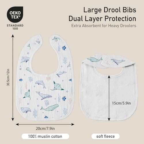 Image of Muslin Bibs for Baby Boy, Adjustable Fit for Drooling and Teething Toddler | 6Pk, 100% Soft Cotton Surface & Multi-Layer Absorbent Core, Shrink-resistant & Fade-Proof, Gentle on Sensitive Newborn skin