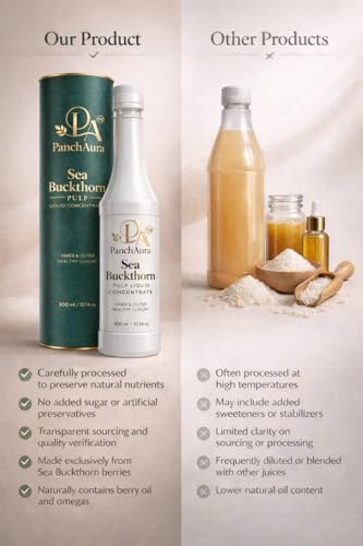 Image of PanchAura Himalayan Sea Buckthorn Juice Pulp Concentrate 600 ML | Cold Pressed from Ladakh Berries | Natural Vitamin C, Omega 3-6-7-9 & Antioxidants | Supports Immunity, Skin Glow & Gut Health