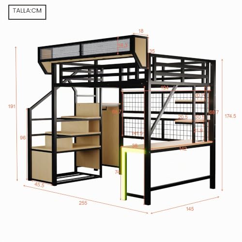 Miniatura 2 de Huayz Cama Alta De Metal De 140 X 200 Cm Con Escritorio, Estante, Cama Juvenil Con Escalera De Almacenamiento, Led Y Enchufe, Multifuncional, Para Niños Y Adolescentes, Sin Colchón Negro, 140 X