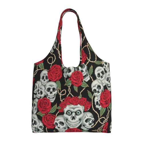 ASFgda Bolsa de lona con estampado de calavera y rosa roja, bolsa de compras reutilizable, bolsa de hombro de gran capacidad para uso diario, viajes, playa