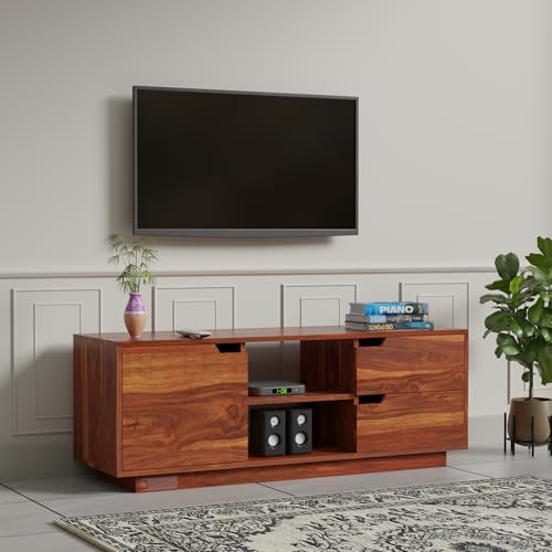 Image of DRIFTINGWOOD Medora Solid Sheesham Wood TV Unit | Wooden Sideboard Cabinet for Living Room | TV Stand with Storage | Rosewood Honey Finish