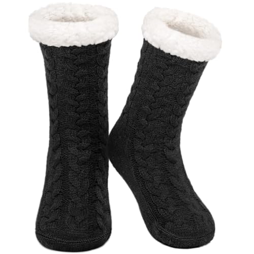 SIMIYA Slipper Socks Men Super Soft Fluffy Sock Warm Cozy Fleece-lined Winter Chunky Slipper Socks Thermal Non Slip Sock (Black)