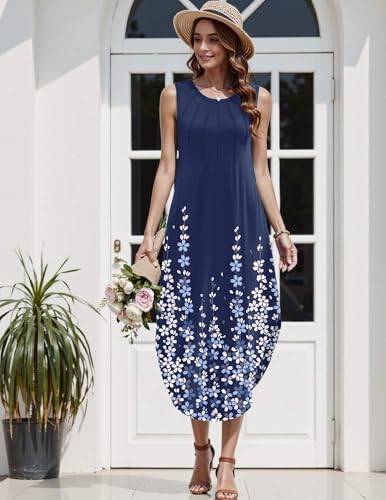 Image of Zeagoo Women Floral Summer Casual Beach Printed Tank Dress with Pockets Pleated Front Long Dress