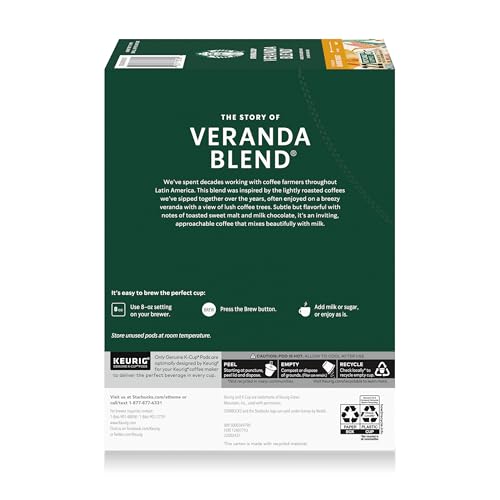 Starbucks K-Cup Coffee Pods, Blonde Roast Hot or Iced Coffee, Veranda Blend, 22 Keurig Pods