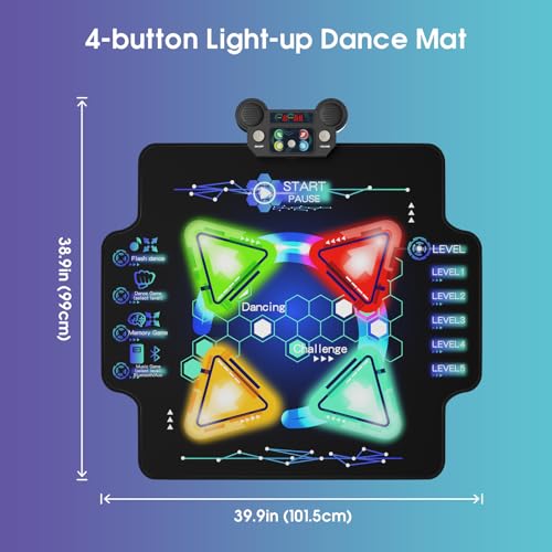 zefinot Dance Mat for Kids Ages 3-12 Year - Dance Mats with Light Up 4-Buttons & Wireless Bluetooth,Music Dance Mat with 4 Game Modes and 5 Levels, Dance Game Toy Gift for Kids Girls Boys - Thumbnail 6