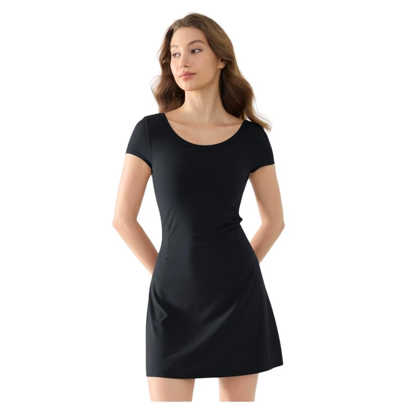 marivoné Ribbed Sports Dress | Slim Fit Women A-Line Short Dress Built-in Pad Round Neck Activewear-picture-48