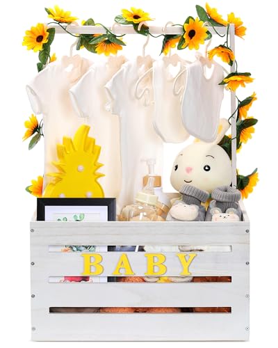 Image of Juexica Wooden Baby Shower Crate Closet, Sunflower Theme Baby Basket with Handle and Garland Letter, Storage Crate Hamper, DIY Basket for Pregnancy New Parent(White)