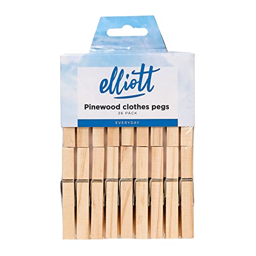Elliott Traditional Pinewood Clothes Pegs with Contoured Design to Prevent Marking Clothes and Metal Coil Spring for Firm Grip, This Pack Include 36 Pegs Ideal For Outdoor and Indoor Use