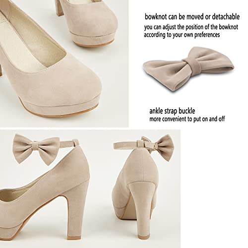 GATUXUS Women's Platform High Heel Dress Pumps Ankle Strap Bow Chunky Heels Shoes for Party Wedding Prom3