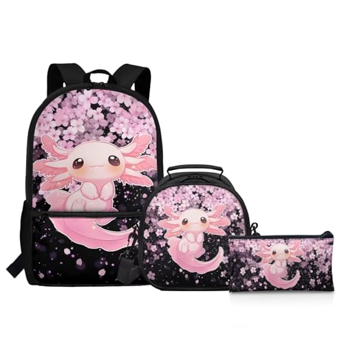 Axolotl Backpack for Girls 3-in-1 School Bookbags with Lunch Box Set Cherry Blossom Design Backpack for Elementary to Middle School Kids