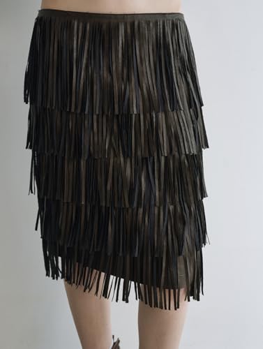 Women’s PU Straight Knee-Length Fringe Skirt Low-Rise Style3