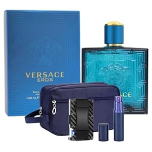 Eros for Men 3.4oz EDT – Luxury Gift Set – Toiletry Bag, Fillable Travel Perfume Atomizer and RFID Metal Carbon Fiber Minimalist Wallet