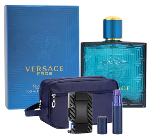 Eros for Men 3.4oz EDT - Luxury Gift Set - Toiletry Bag, Fillable Travel Perfume Atomizer and RFID Metal Carbon Fiber Minimalist Wallet