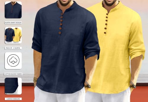 Image of ROYALSCOUT Men's Cotton Polyester Blend Solid Regular Fit Full Sleeve Short Kurta | Ethnic, Lightweight Summer Kurta for Daily & Occasion Use