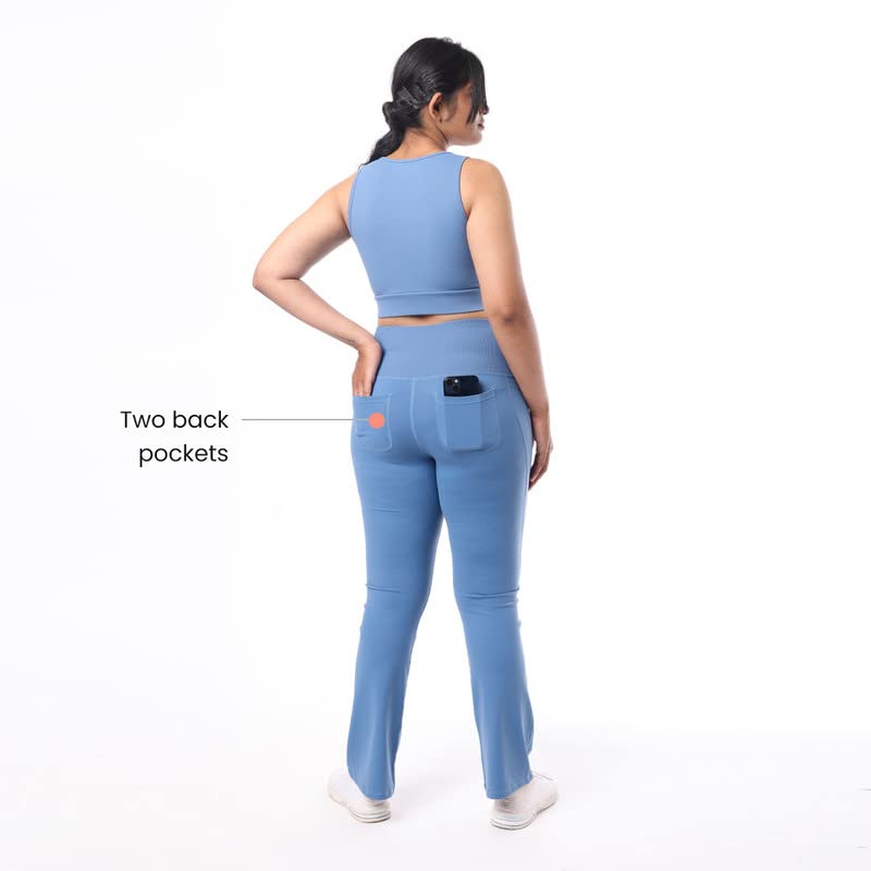 Image of BlissClub Ultimate Flare Pants for Women Upto 5'4 ft | Ribbed Waistband, 4 Pockets | High Waist Trousers and Formal Pants for Office wear