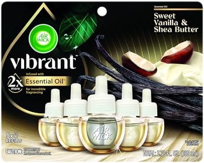 Air Wick Vibrant Plug In Scented Oil Refill, Infused with Essential Oils, Plug In Air Fresheners for Home, Sweet Vanilla & Shea Butter, 5 ct