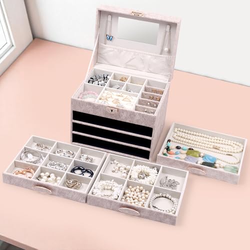 Image of BucketList Luxury PU Leather Jewellery Organizer Box with Mirror & Lock | 3 Drawer Jewelry Storage Case with Ring Rolls & Compartments (4 Drawers Jewelry Box with Mirror (Grey))