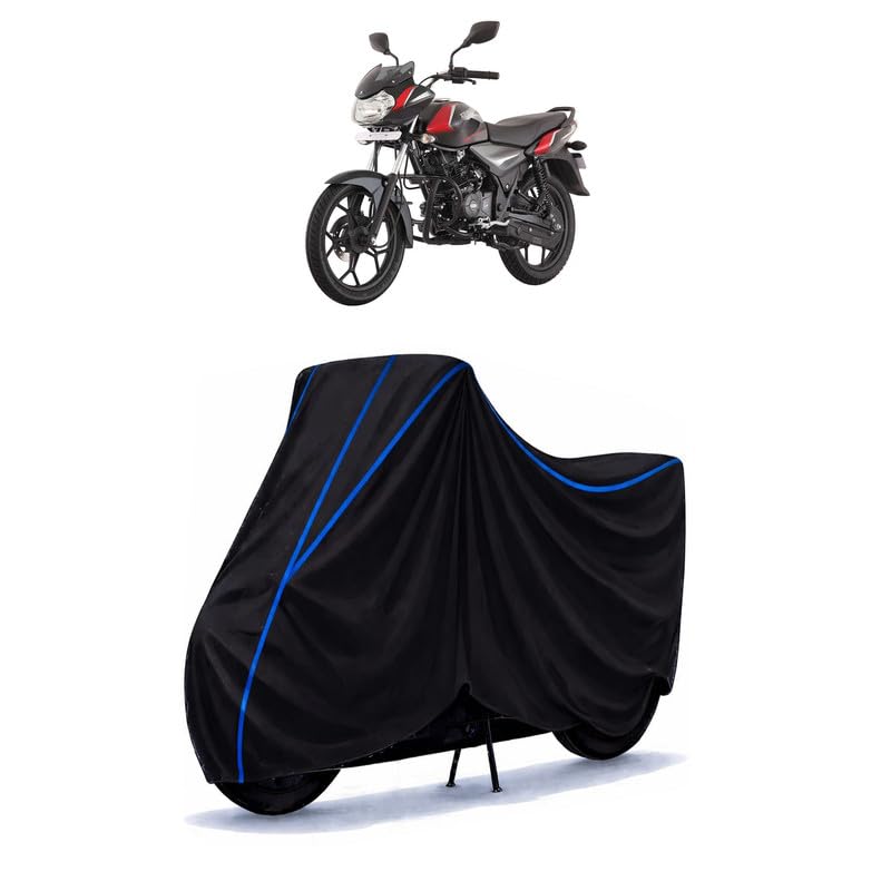 Image of Bajaj Discover 125 Bike Cover Water Resistant Universal Motorcycle Rain | Heavy Duty UV Protection, Dust, Scratch Indoor Outdoor All Weather with Black Blue Piping Elastic