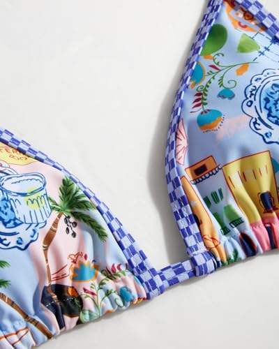 Image of Women's Triangle Bikini Set String Swimsuit Print Tie Smocked Ruched Two Piece Bathing Suit