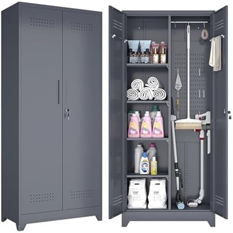 GREATMEET Broom Closet,Broom Closet Storage Cabinet,Metal Garage Storage Cabinet with Lock, Lockable Laundry Room Storage Cabinets,Utility Closet,Broom and Mop Storage Cabinet,Grey 73" H Cover